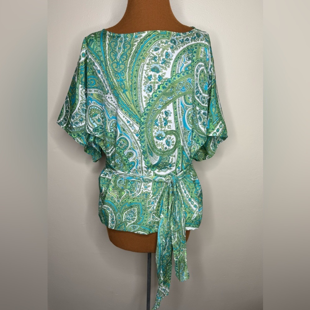 Talbots Silk Paisley Green White Pullover Blouse Short Sleeve Size MP - Picture 1 of 8